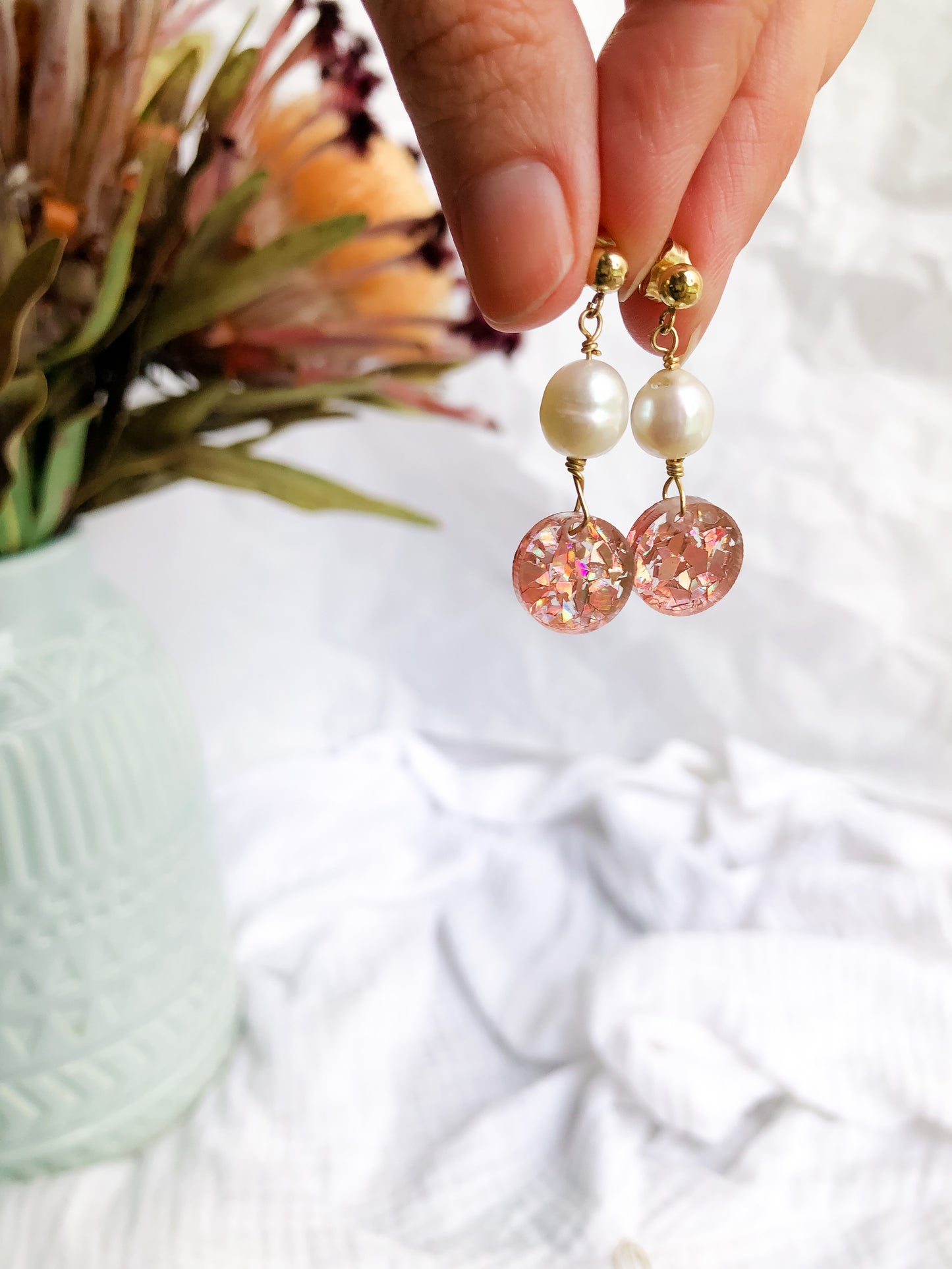 Festive Collection - Pink Glitter Baroque Pearl Stud Dangles