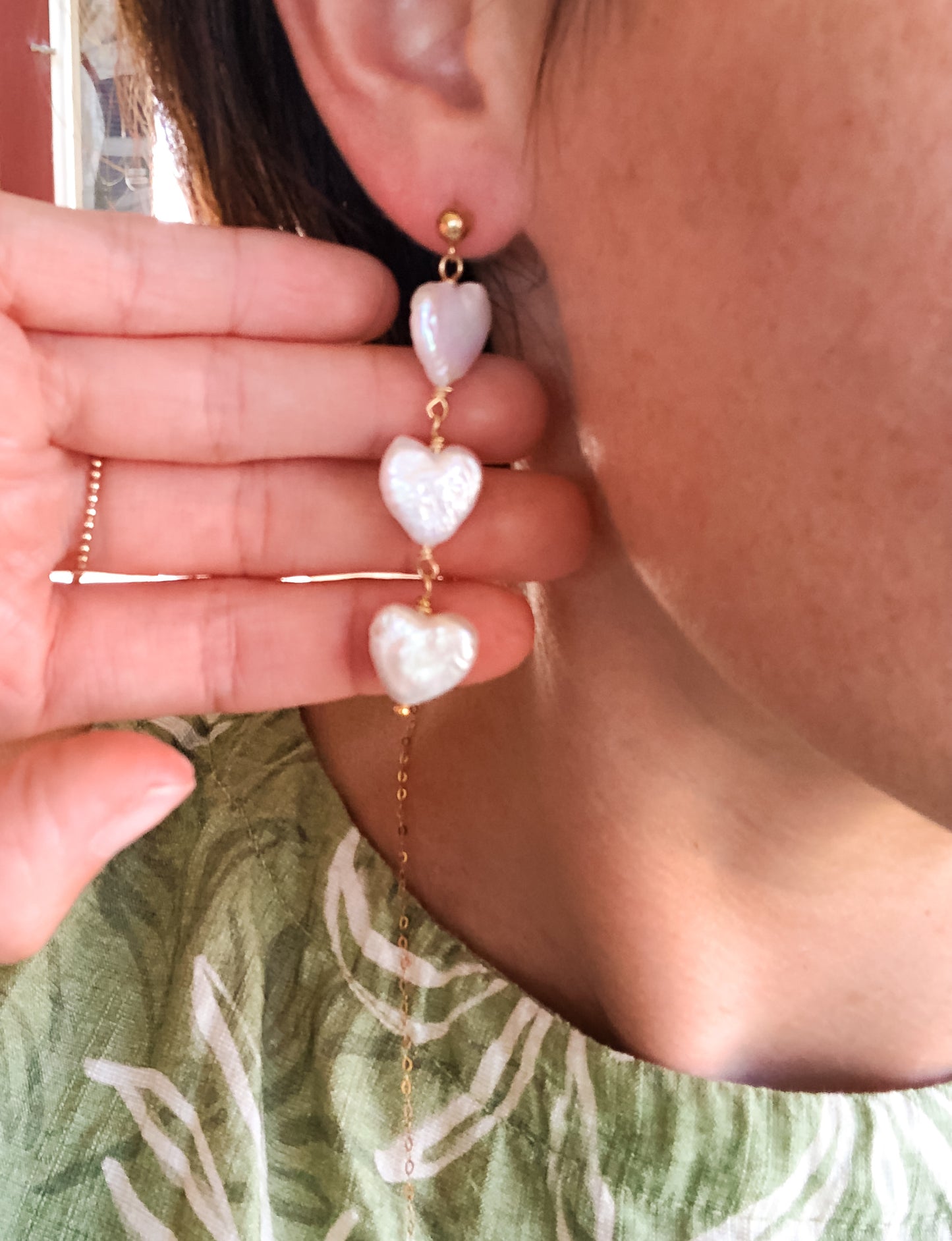 Heart Shaped Baroque Pearl Trio Dangle Earrings - Gold Filled or Sterling Silver