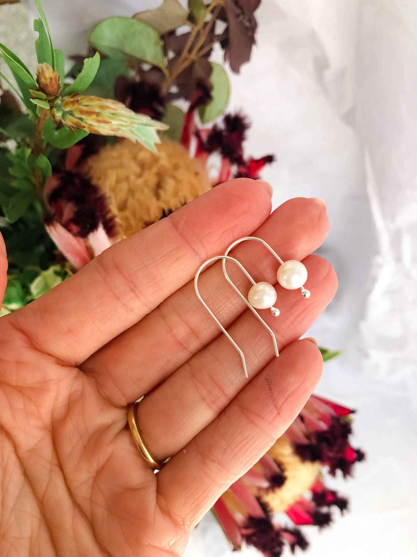 Emmy Pearl Threader Earrings - Mini Hook Tiny White Baroque Pearl Earrings