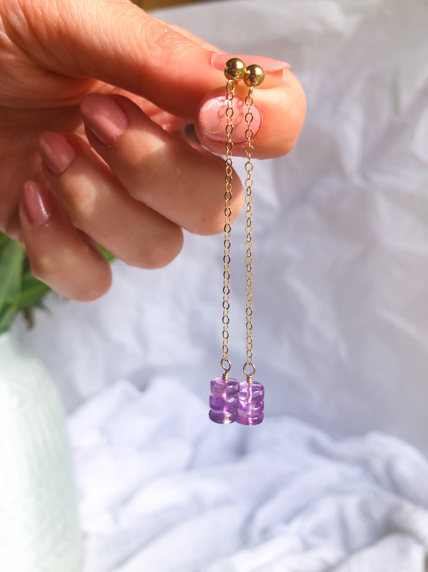 Shoulder-Duster Long Chain Amethyst Stud Drop Earrings - 14K gold-filled or Sterling Silver