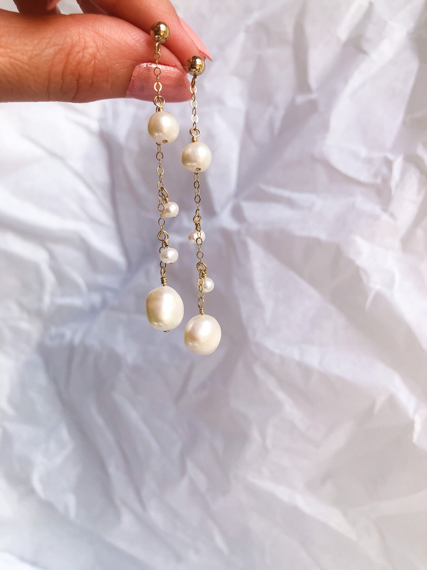 Phoebe Chain Pearl Drop Earrings - Long Chain Baroque Pearl Earrings