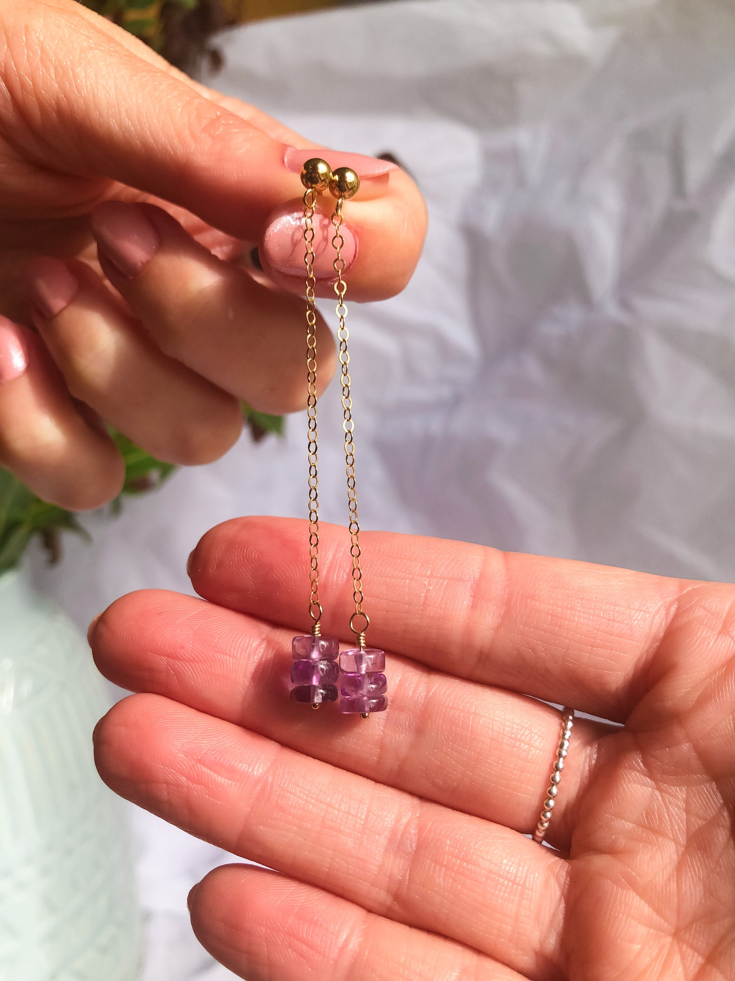 Shoulder-Duster Long Chain Amethyst Stud Drop Earrings - 14K gold-filled or Sterling Silver