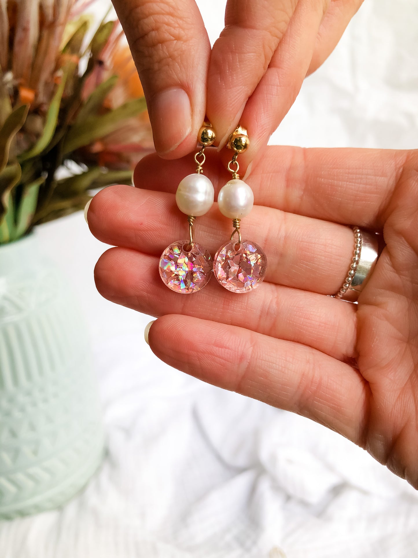 Festive Collection - Pink Glitter Baroque Pearl Stud Dangles