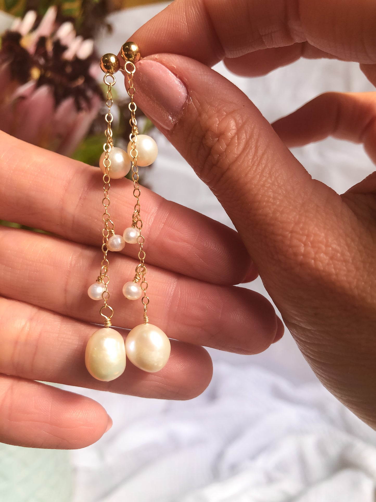 Phoebe Chain Pearl Drop Earrings - Long Chain Baroque Pearl Earrings