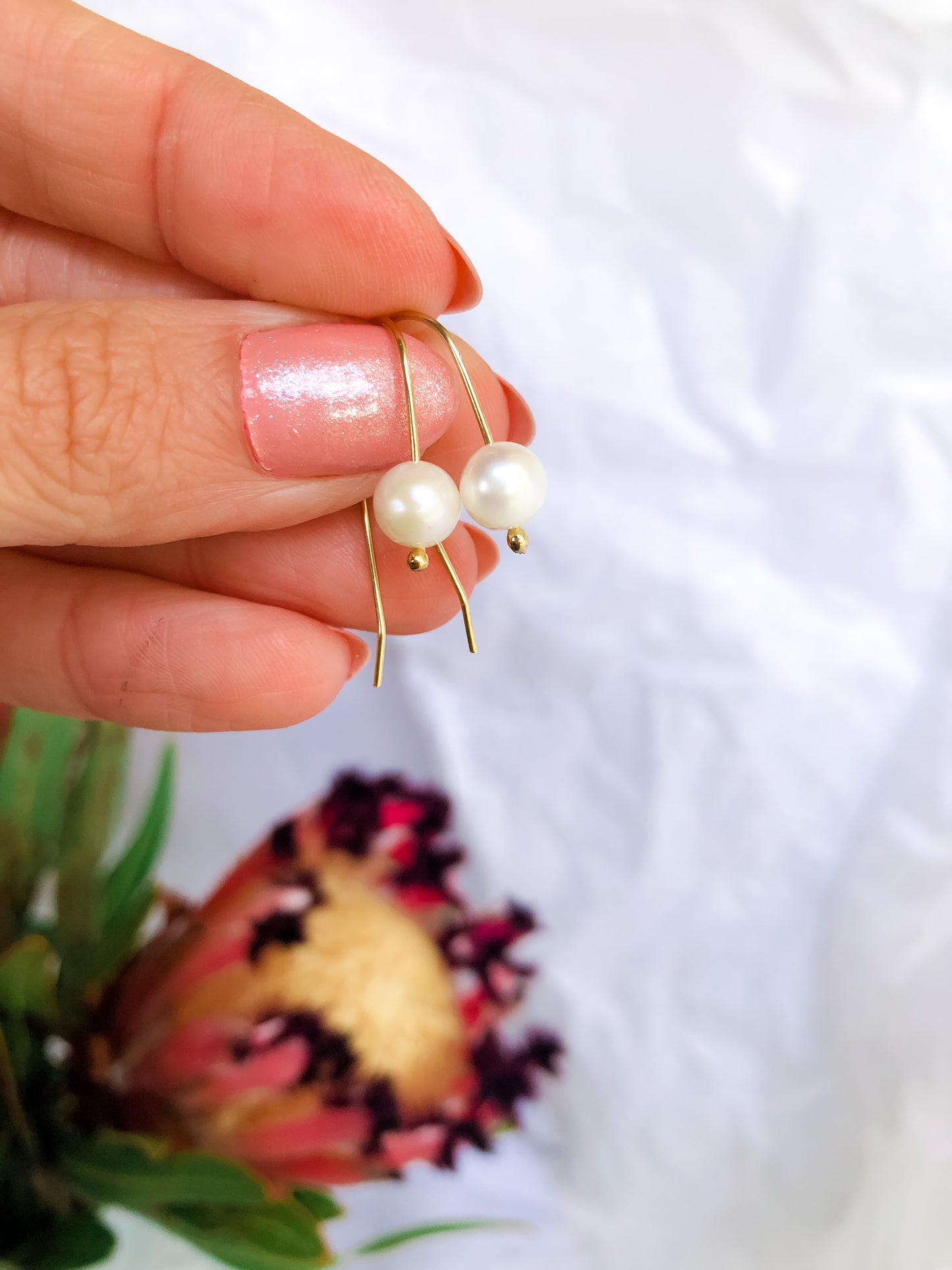 Emmy Pearl Threader Earrings - Mini Hook Tiny White Baroque Pearl Earrings