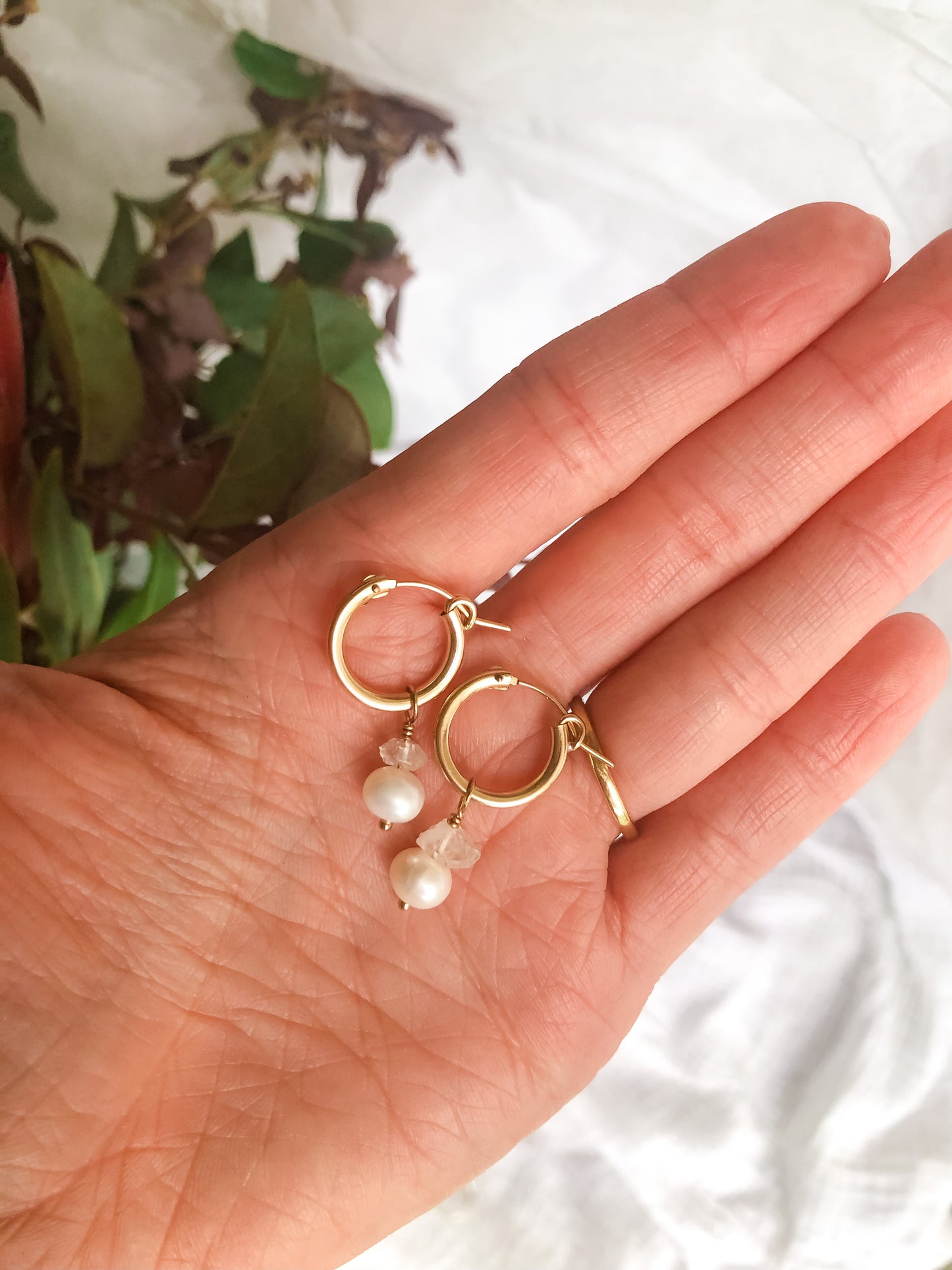 Emmy Pearl & Herkimer Diamond Hoop Earrings - Premium Gold-Filled Hoops