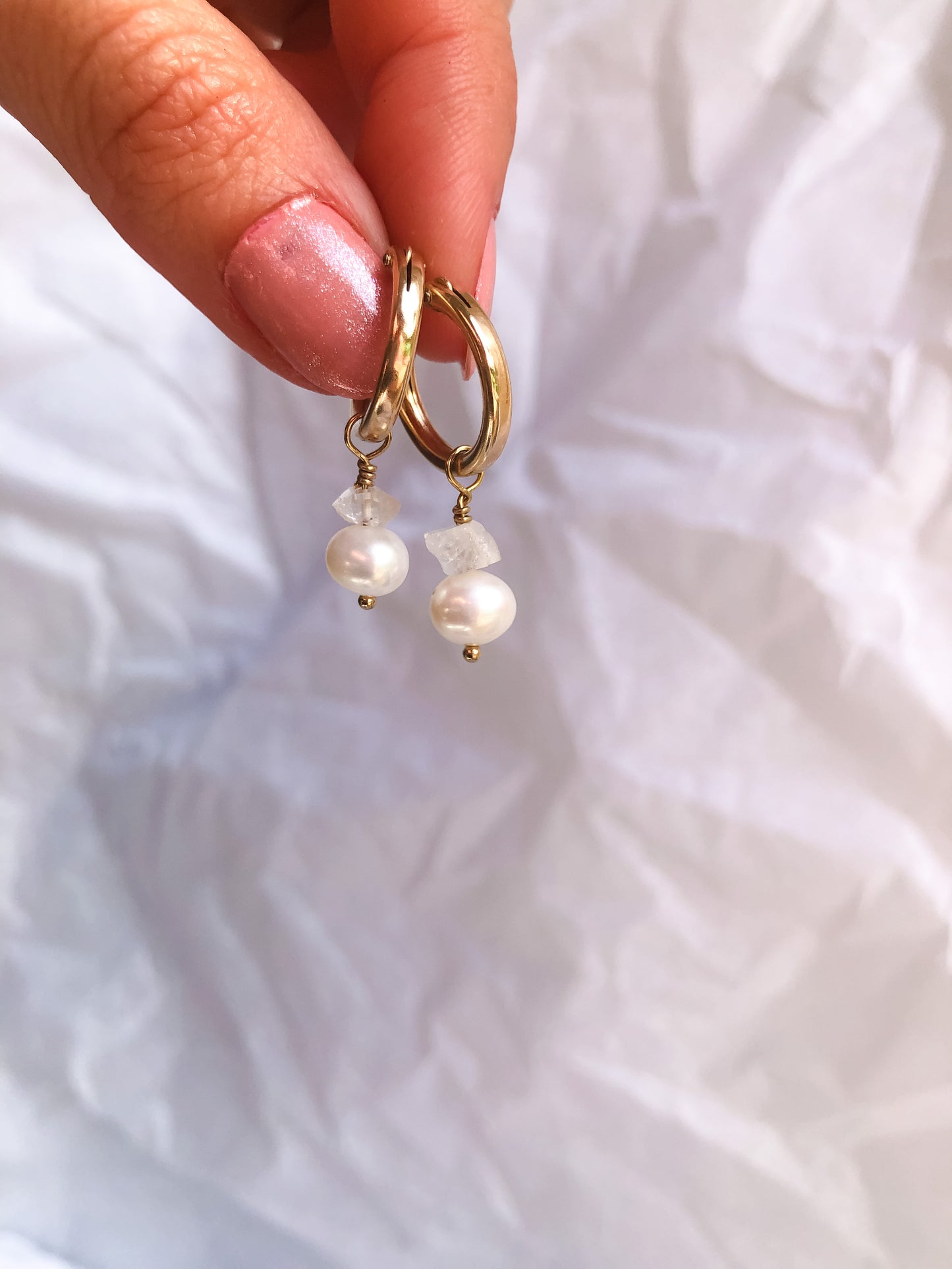 Emmy Pearl & Herkimer Diamond Hoop Earrings - Premium Gold-Filled Hoops