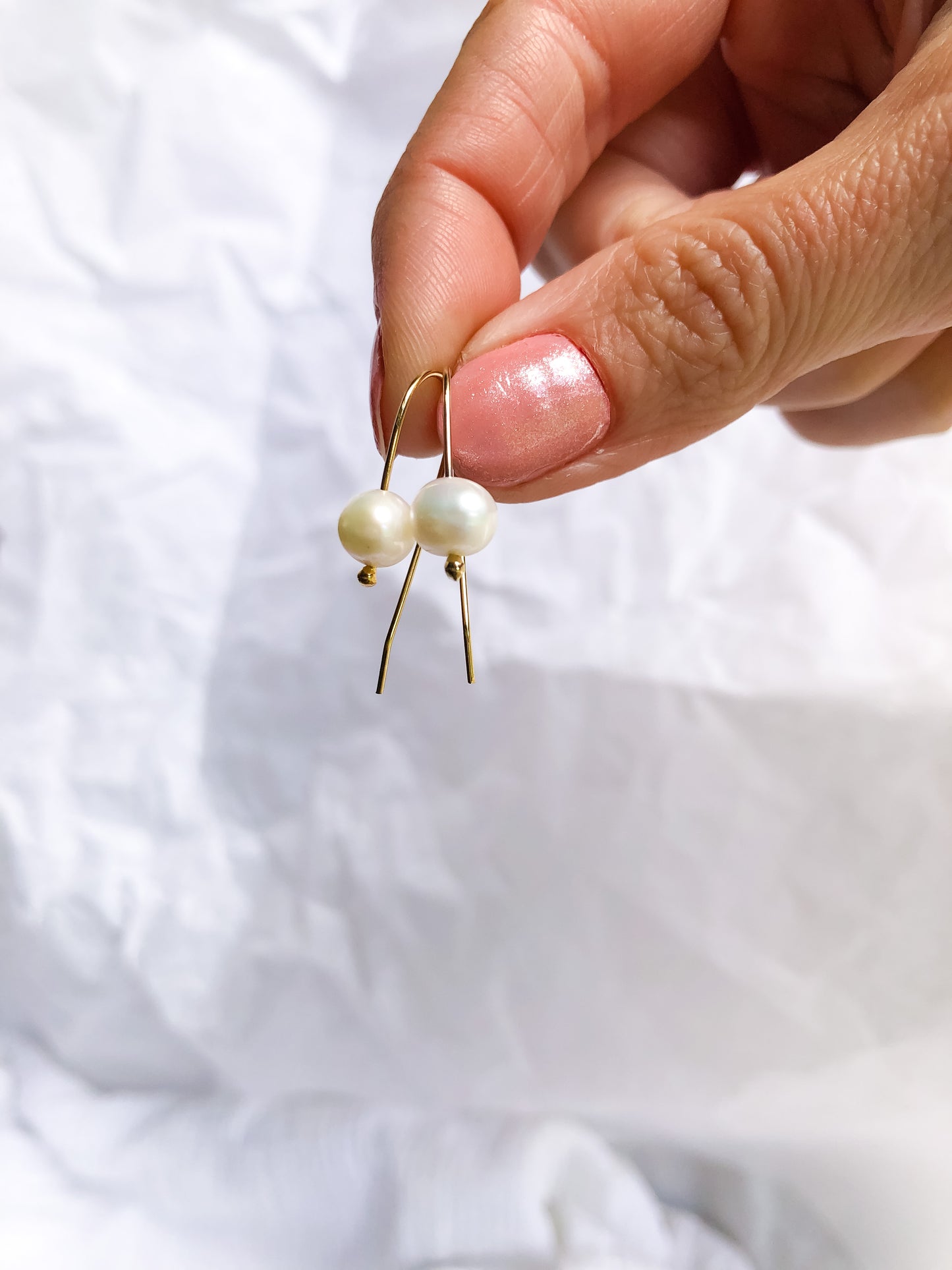 Emmy Pearl Threader Earrings - Mini Hook Tiny White Baroque Pearl Earrings