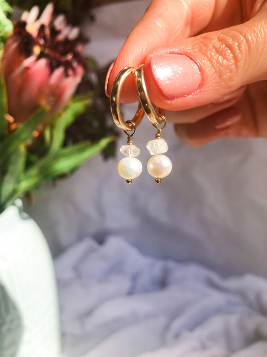 Emmy Pearl & Herkimer Diamond Hoop Earrings - Premium Gold-Filled Hoops