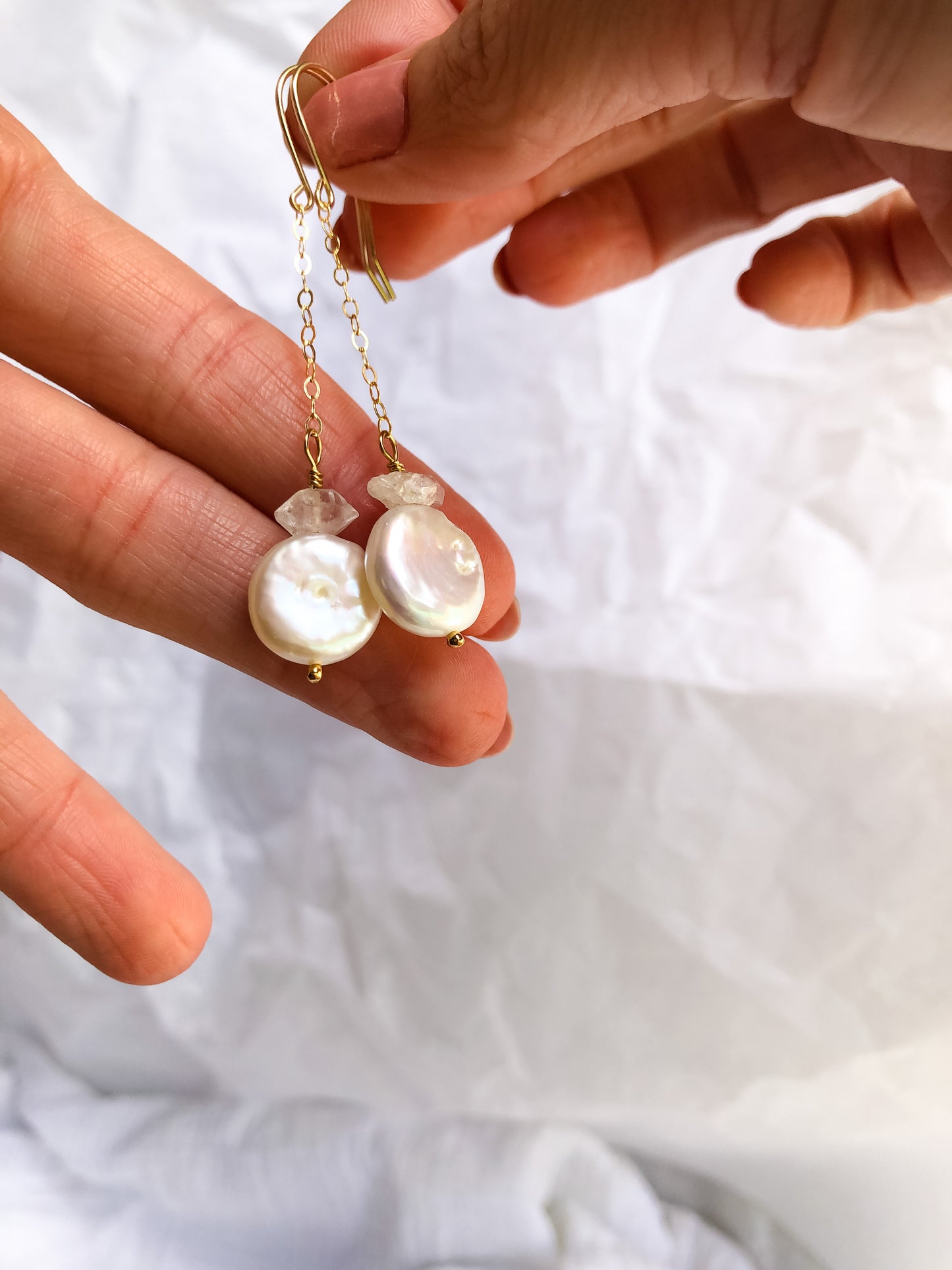 Mia Chain Drop Earrings - Pearl and Herkimer Diamond Chain Drop Earrings