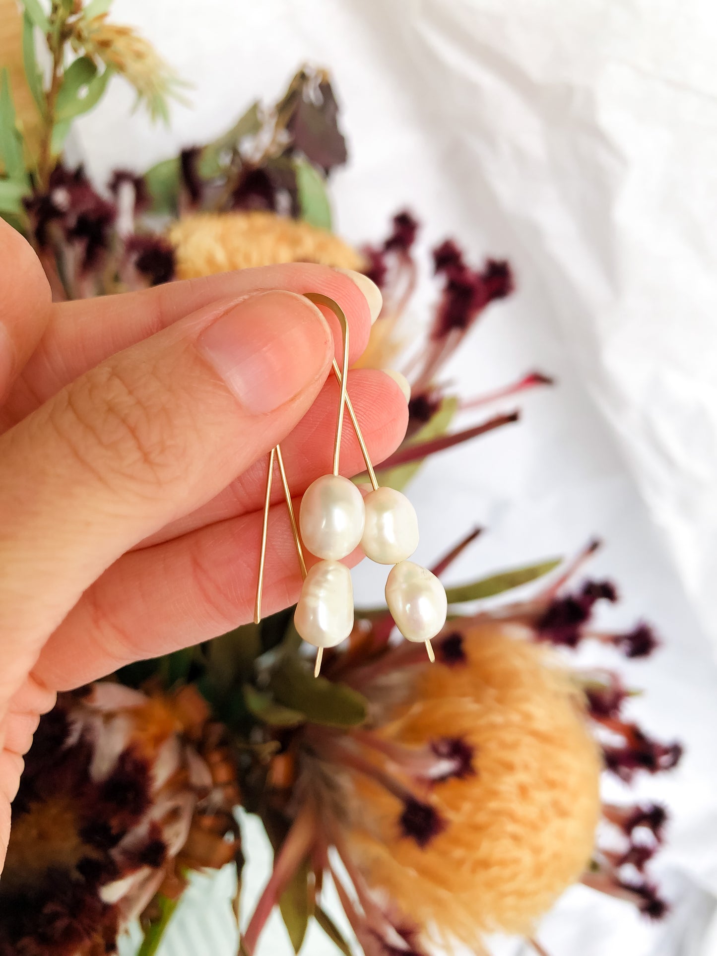 Original Pearl Threaders - Long Hook White Baroque Pearl Drop Earrings