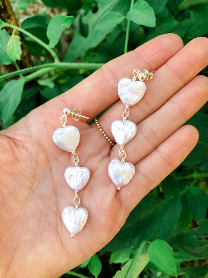 Heart Shaped Baroque Pearl Trio Dangle Earrings - Gold Filled or Sterling Silver