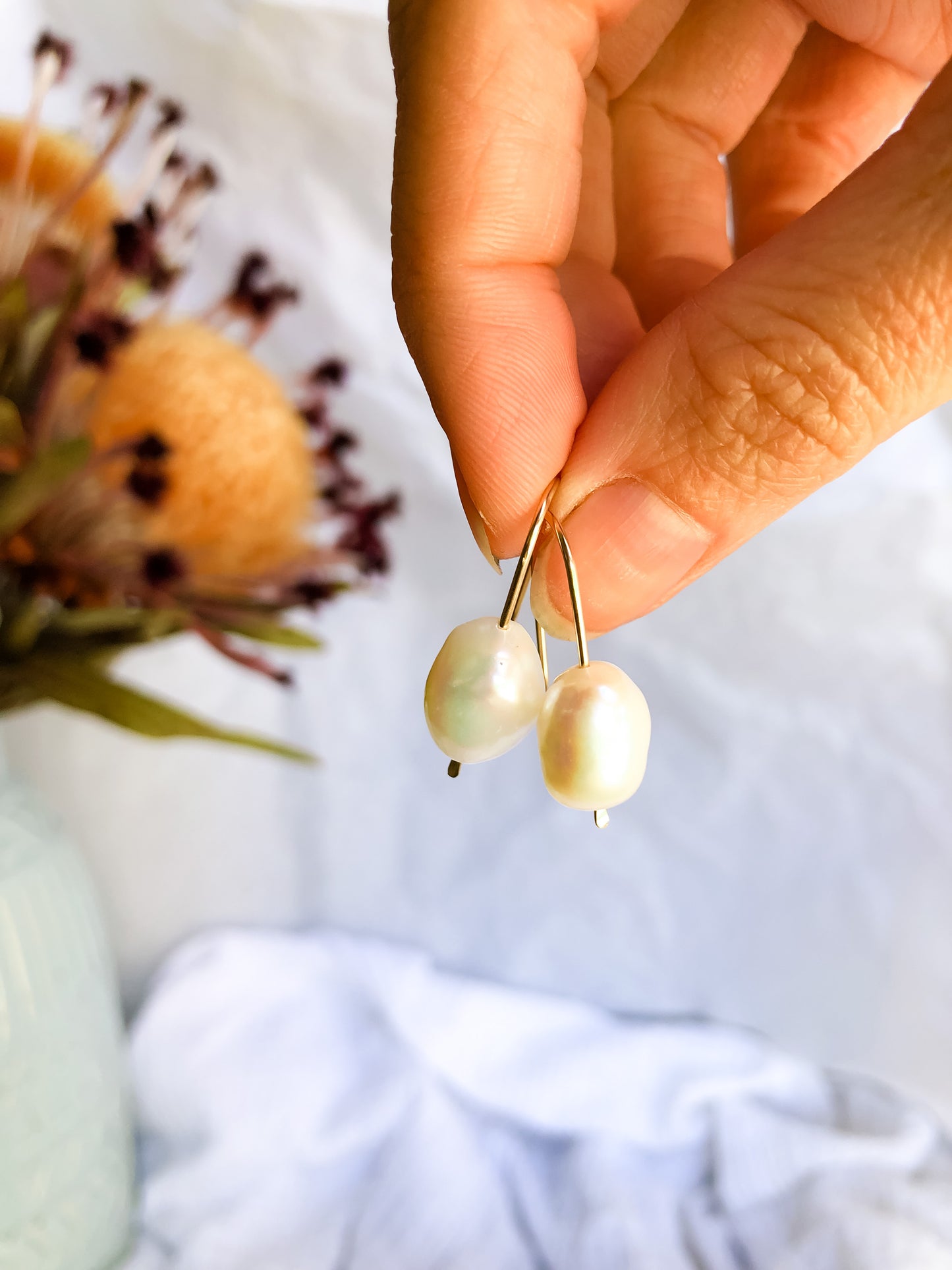 Lily Pearl Threaders - Mini Hook Chunky White Baroque Pearl Earrings