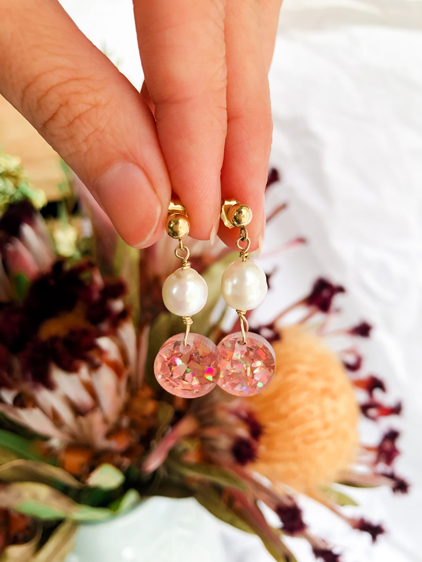 Festive Collection - Pink Glitter Baroque Pearl Stud Dangles