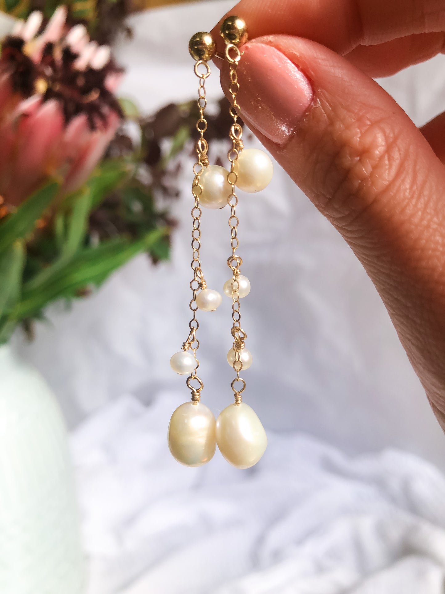 Phoebe Chain Pearl Drop Earrings - Long Chain Baroque Pearl Earrings