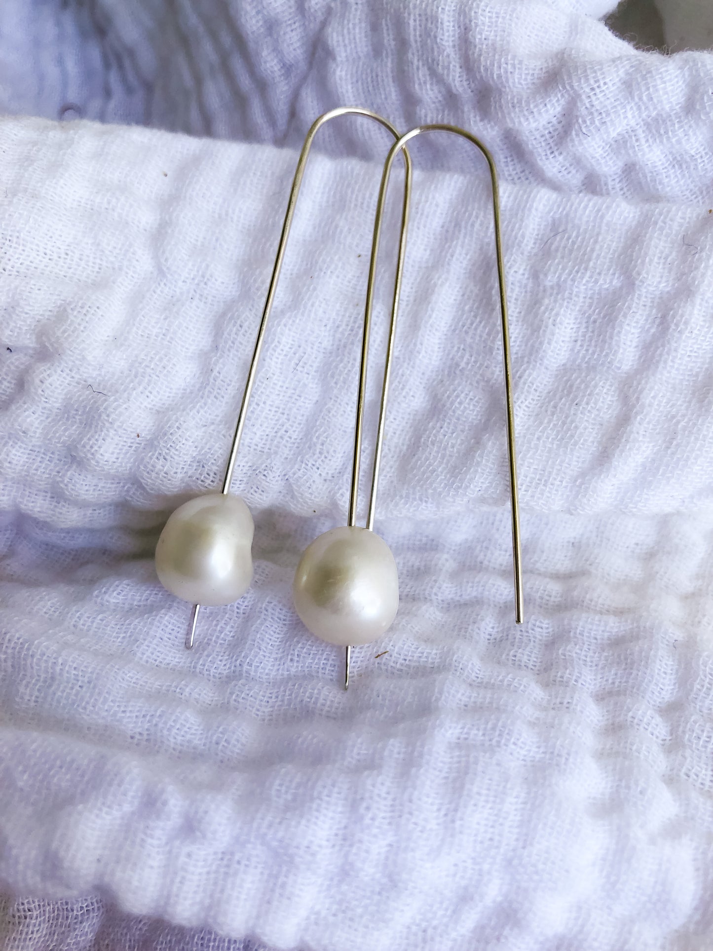 Meghan Pearl Threaders - Long Hook Chunky White Baroque Pearl Earrings