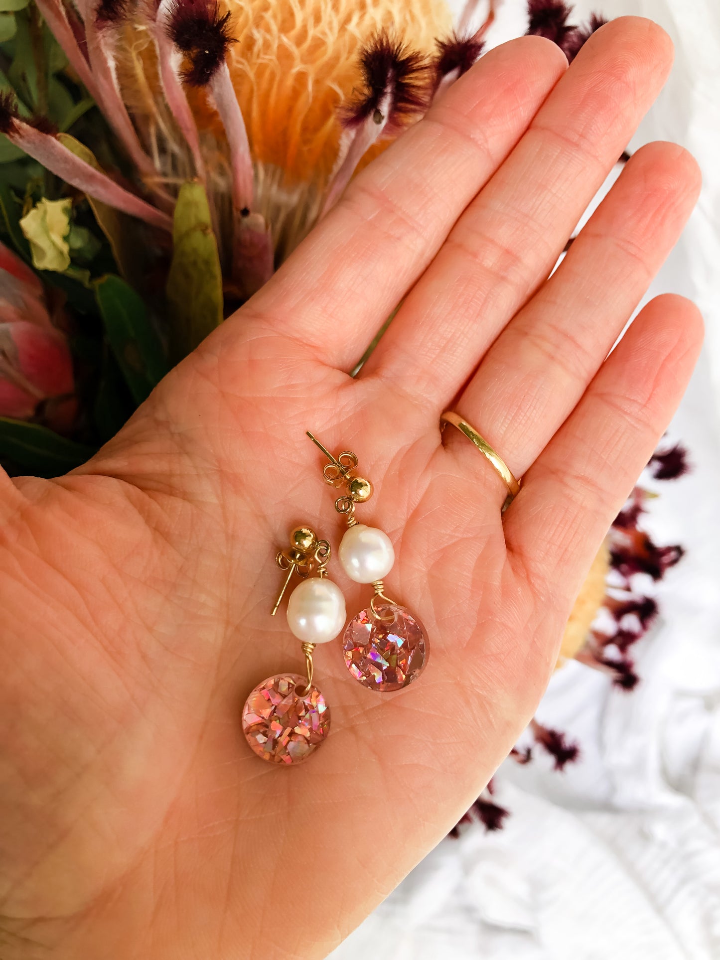 Festive Collection - Pink Glitter Baroque Pearl Stud Dangles