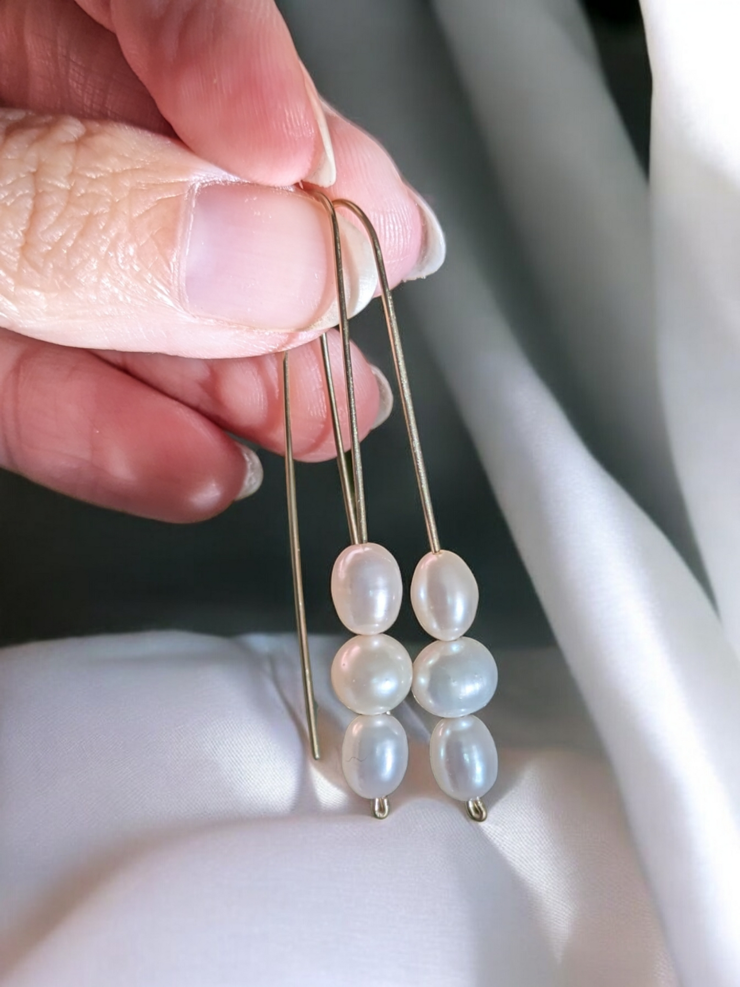 Lucy Pearl Threaders - Long Hook Natural Pearl Earrings