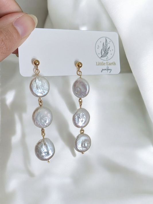 Statement Mia Drop Earrings - Triple Coin Pearl Drop Earrings