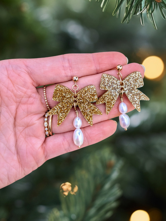 Festive Collection - Gold Glitter Bow Pearl Stud Dangles