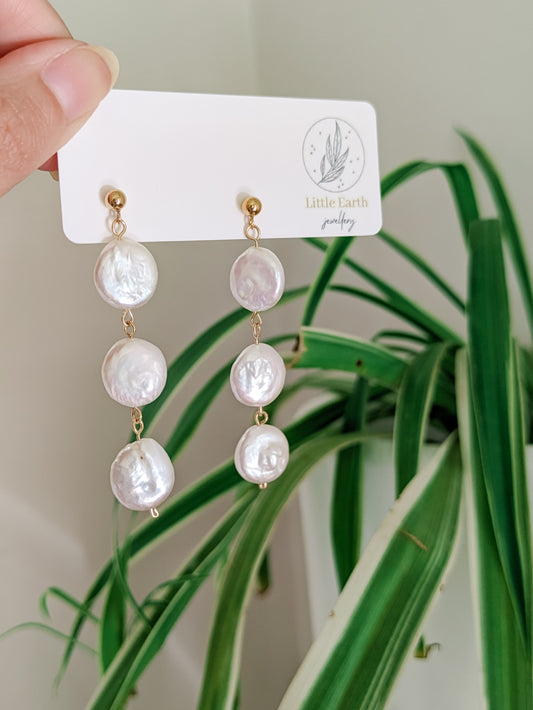 Statement Mia Drop Earrings - Triple Coin Pearl Drop Earrings