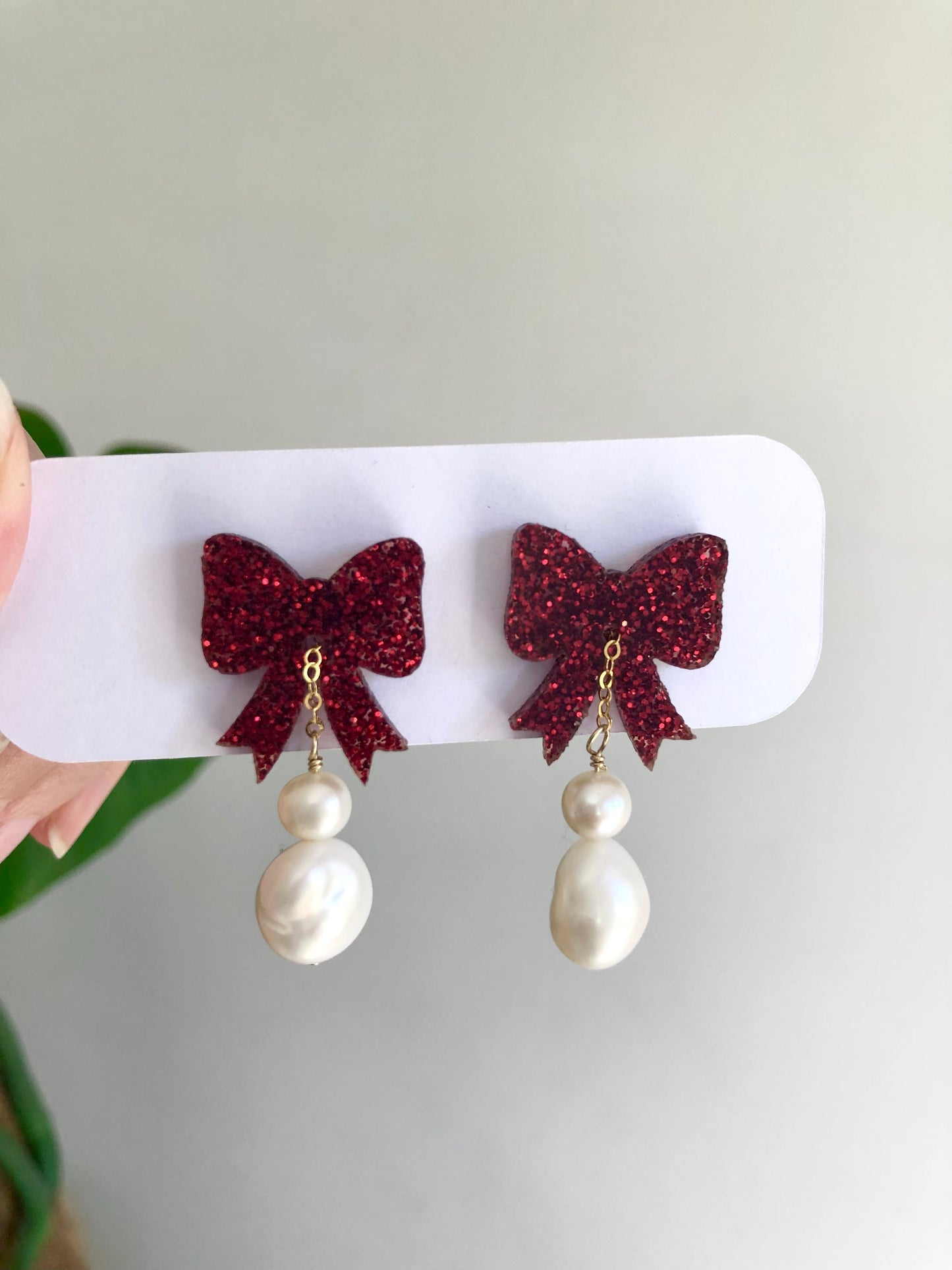 Festive Collection - Red Glitter Double Baroque Pearl Stud Drops