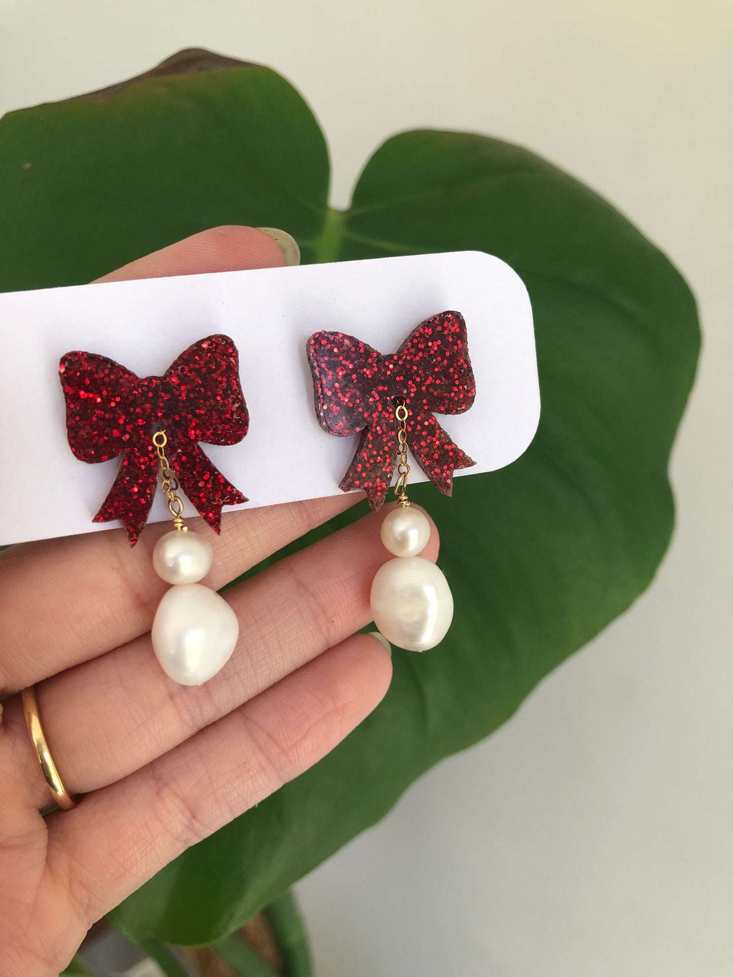 Festive Collection - Red Glitter Double Baroque Pearl Stud Drops