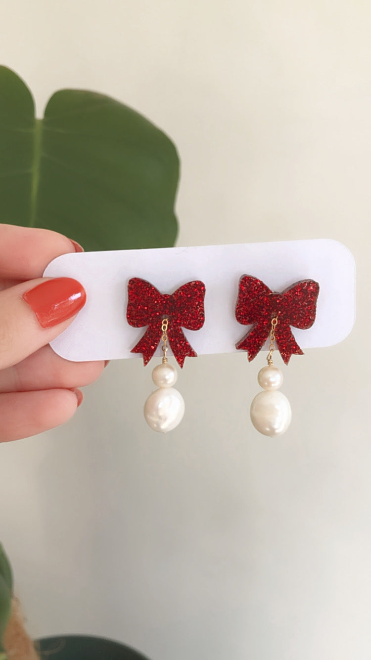 Festive Collection - Red Glitter Double Baroque Pearl Stud Drops