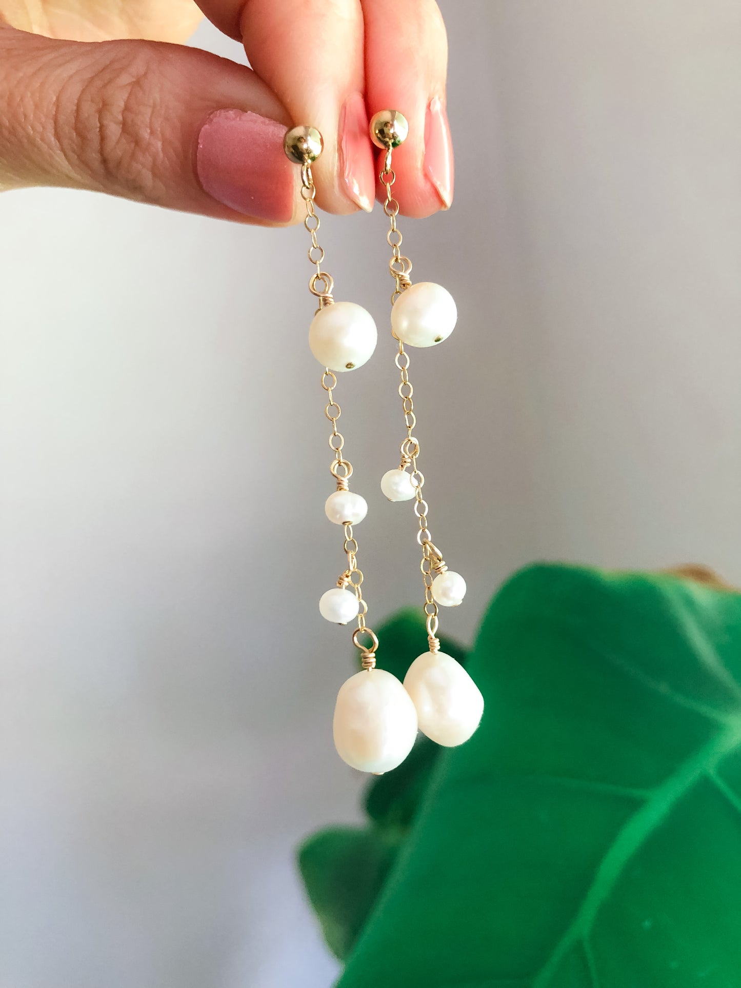 Phoebe Chain Pearl Drop Earrings - Long Chain Baroque Pearl Earrings