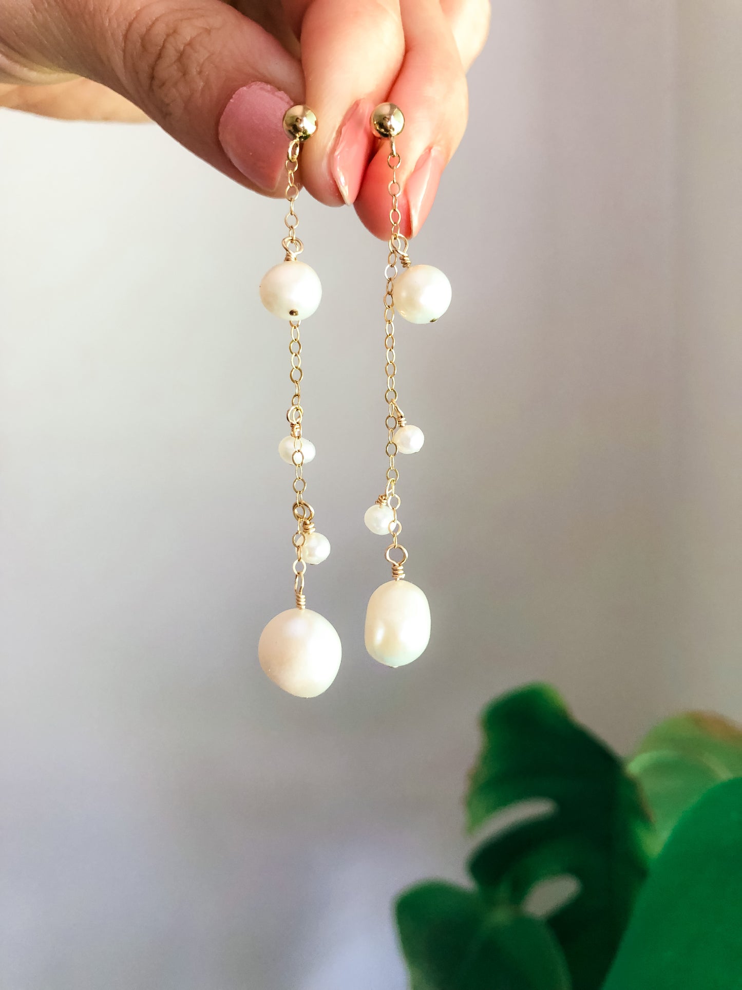 Phoebe Chain Pearl Drop Earrings - Long Chain Baroque Pearl Earrings