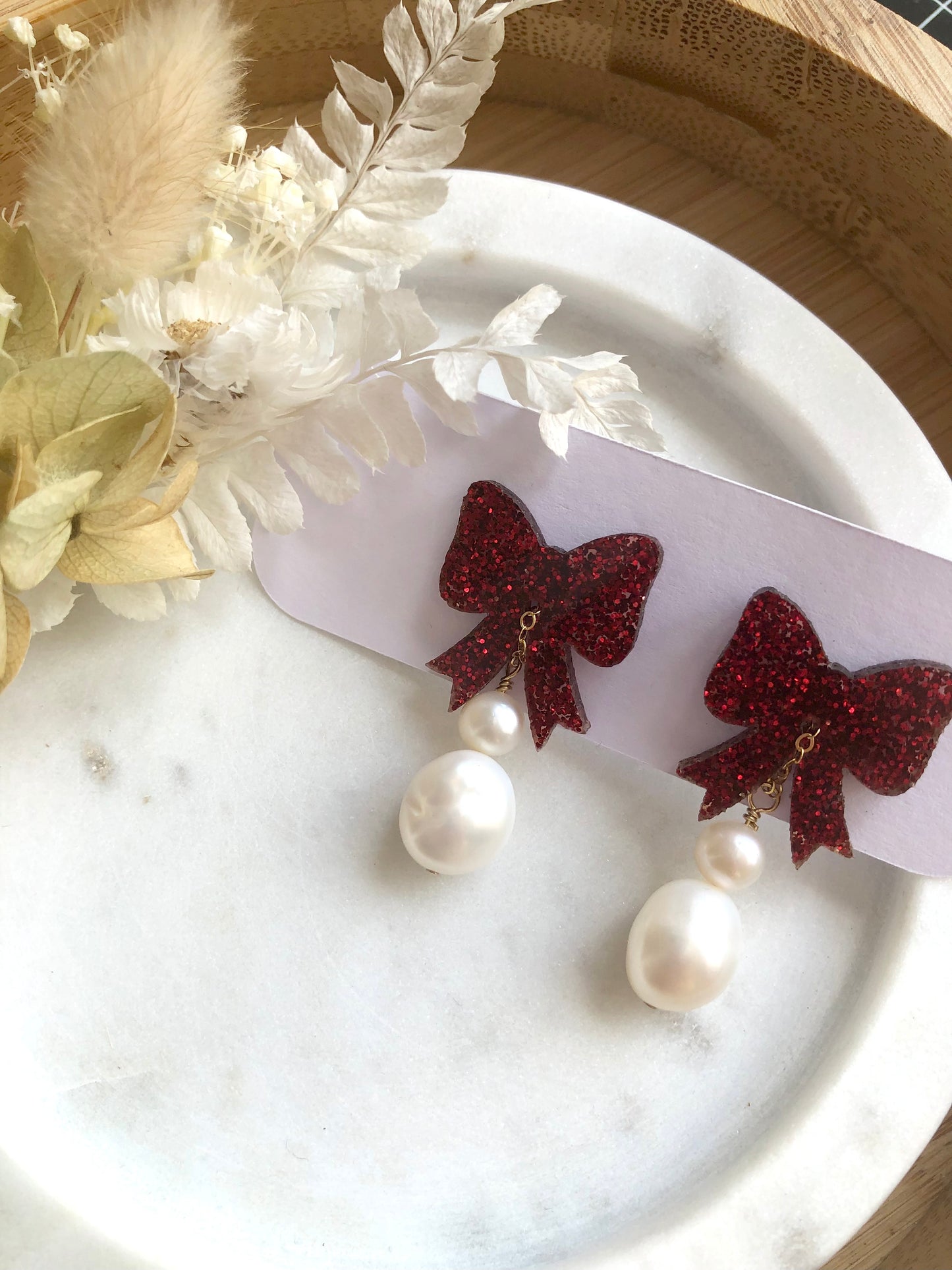 Festive Collection - Red Glitter Double Baroque Pearl Stud Drops