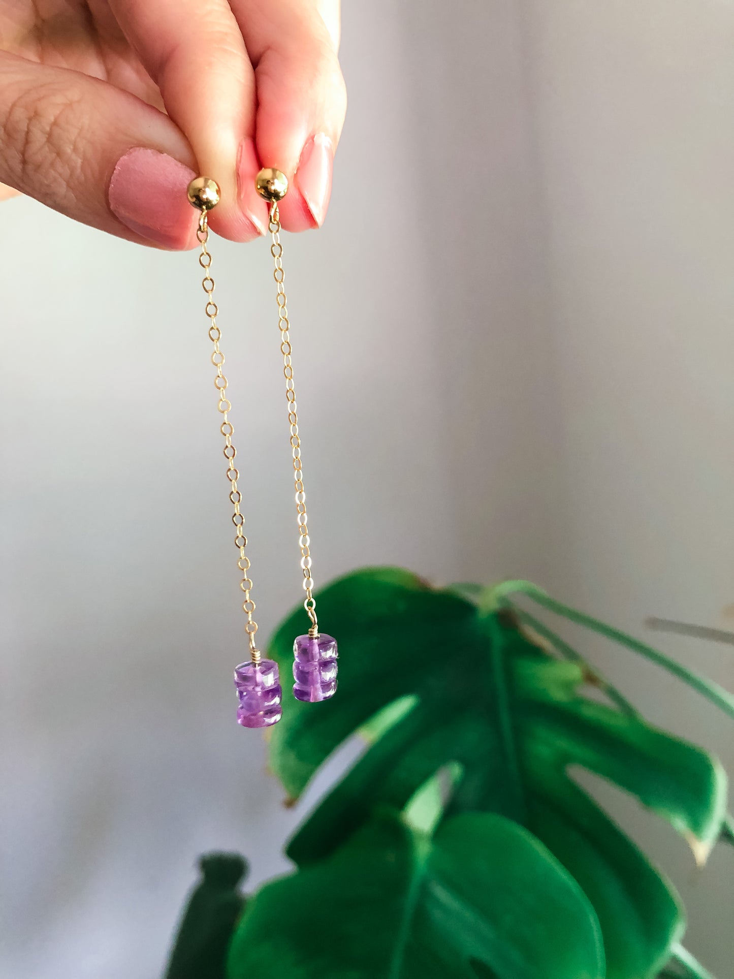 Shoulder-Duster Long Chain Amethyst Stud Drop Earrings - 14K gold-filled or Sterling Silver