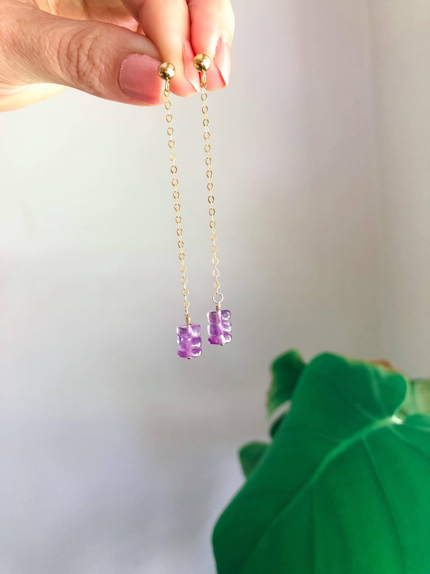 Shoulder-Duster Long Chain Amethyst Stud Drop Earrings - 14K gold-filled or Sterling Silver